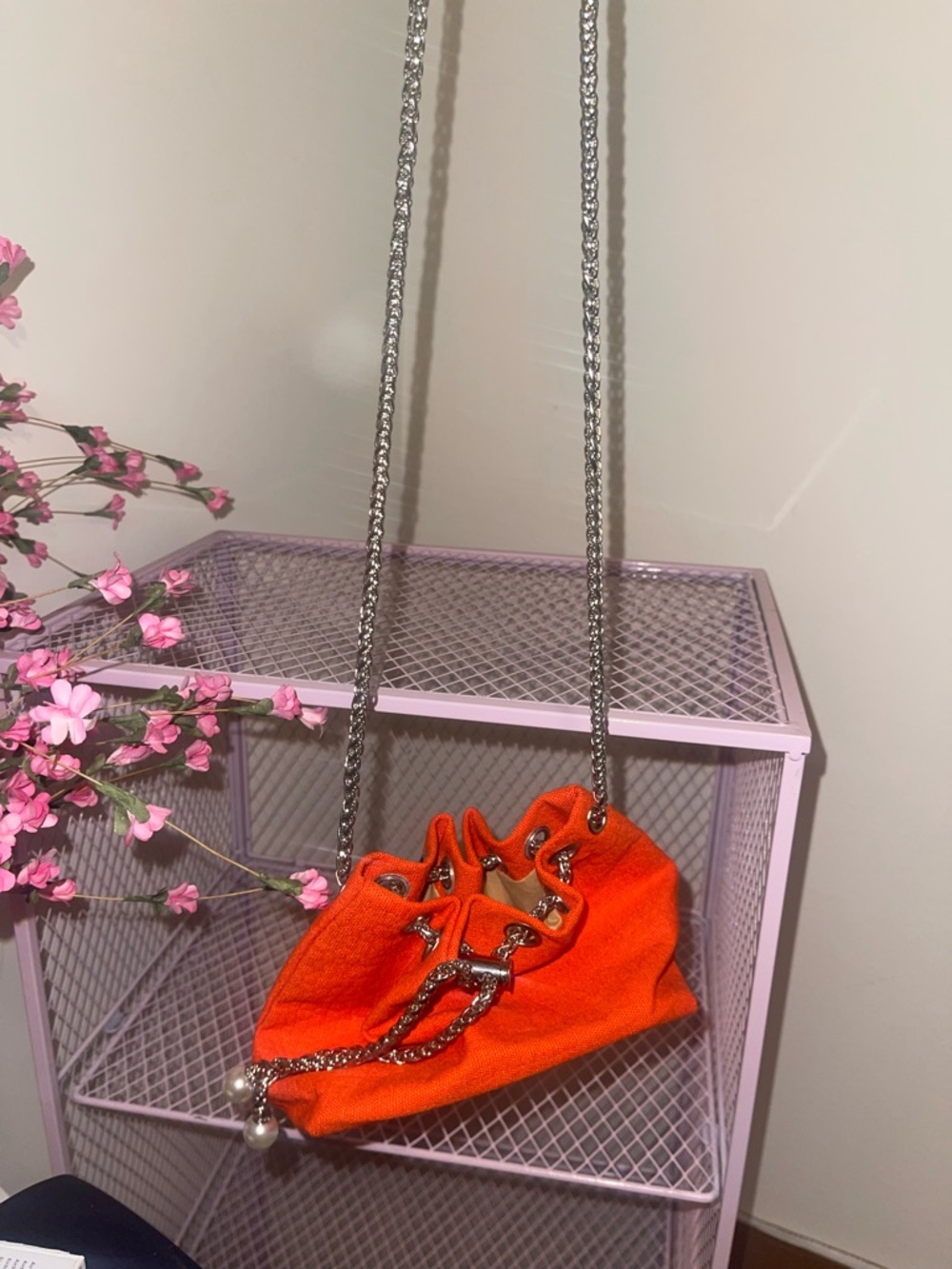 Vibrant Orange Drawstring Mini Shoulder Bag with Silver Chain